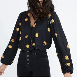 Madewell XXS bubble sleeve satin wrap top in black with yellow florals